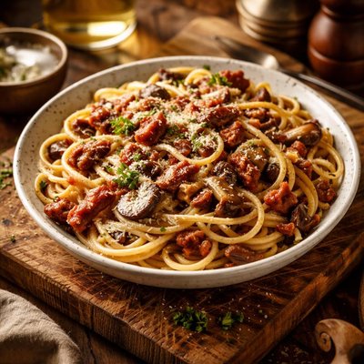 Image of Spaghetti with Pancetta and Mushrooms
