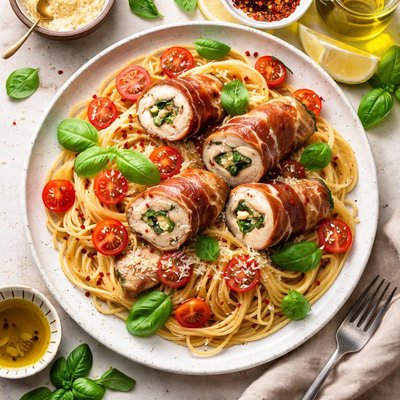 Image of Spaghetti with Prosciutto Rolled Chicken