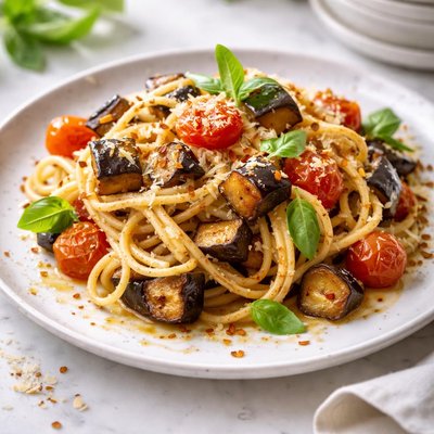 Image of Spaghetti with Roasted Eggplant and Cherry Tomatoes