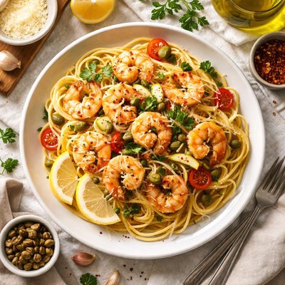Image of Spaghetti with Shrimp Capers and Garlic