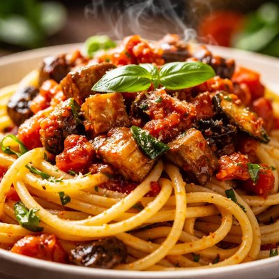 Image of Spaghetti with Tomato and Aubergine Eggplant Sauce