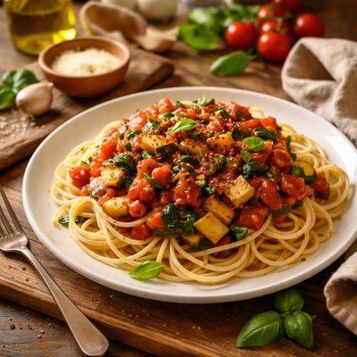 Image of Vegan Spaghetti with Tomato Sauce and Vegetables