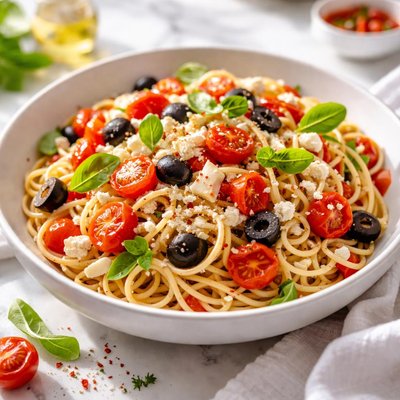 Image of Spaghetti with Tomatoes Black Olives Garlic and Feta Cheese