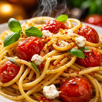 Image of Spaghetti with Tomatoes Garlic and Feta Cheese