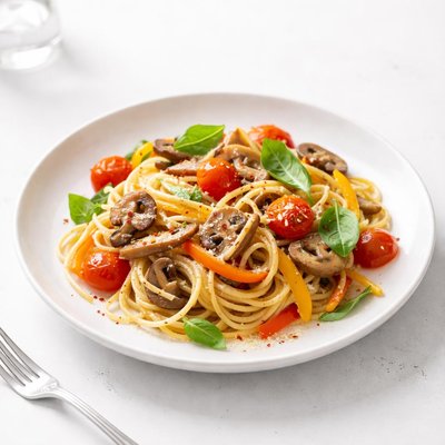 Image of Spaghetti with Tomatoes Mushrooms and Peppers