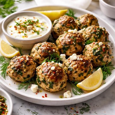 Image of Spanakopita Meatballs with Greek Yogurt Sauce