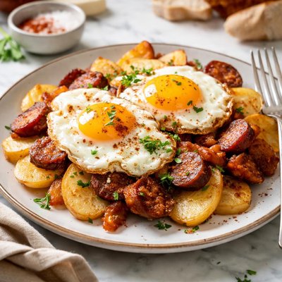 Image of Spanish Fried Eggs with Potatoes and Chorizo Huevos Fritos Con