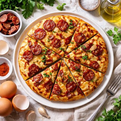 Image of Spanish Tortilla with Chorizo Fried Onions and Parsley