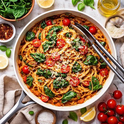 Image of Speedy Tomato Sauced Pasta with Spinach