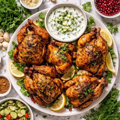 Image of Spice Roasted Cornish Hens with Cucumber Yogurt Sauce
