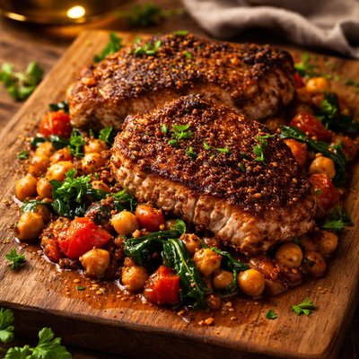Image of Spice Rubbed Pork Chops with Chickpea Simmer