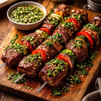 Image of Spice Rubbed Rib Eye Kabobs with Salsa Verde