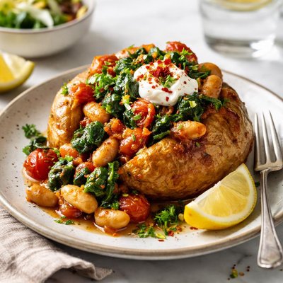Image of Spiced Butter Bean Spinach and Tomato Topping for Jacket Potato