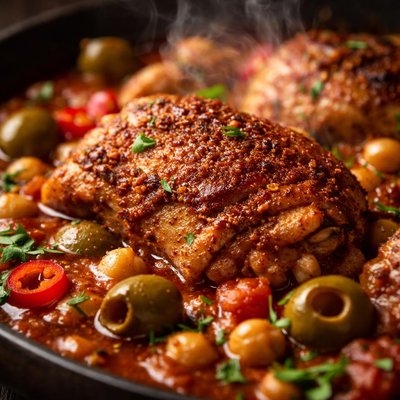 Image of Spiced Chicken Thighs in Tomato Broth with Olives and Chickpeas