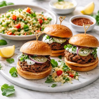 Image of Spiced Mini Burgers with Couscous Salad