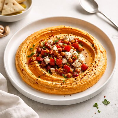 Image of Spiced Sweet Roasted Red Pepper Feta Hummus
