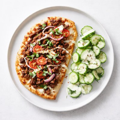 Image of Spicy Beef Flatbread with Yogurt Cucumbers