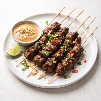 Image of Spicy Beef Satay with Peanut Sauce
