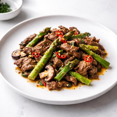 Image of Spicy Beef with Asparagus and Mushrooms