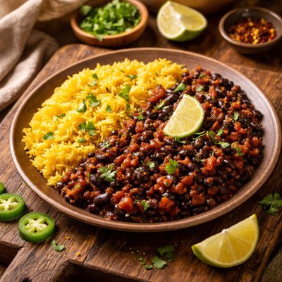 Image of Spicy Black Beans with Yellow Rice