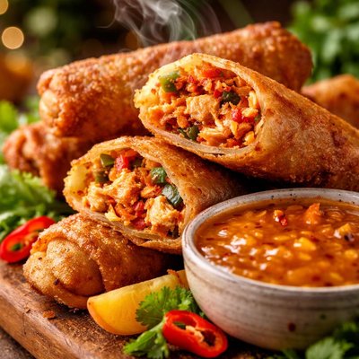 Image of Spicy Chicken Egg Rolls with Honey Apricot Dipping Sauce