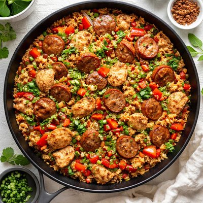 Image of Spicy Chicken Kielbasa and Rice with Red Bell Peppers