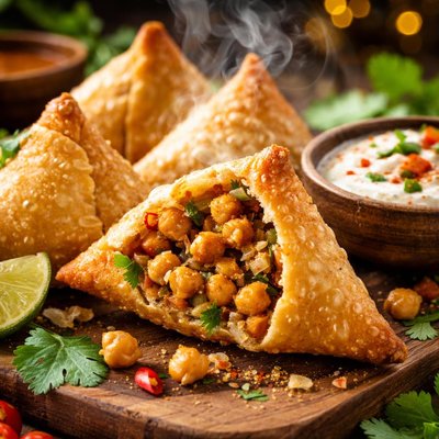Image of Spicy Chickpea Samosas with Raita
