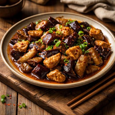 Image of Spicy Chinese Eggplant Aubergine and Chicken