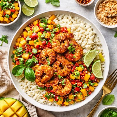 Image of Spicy Coconut Shrimp Spicy Mango Basil Salsa Lime Jasmine Rice
