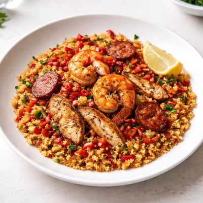 Image of Spicy Couscous with Shrimp Chicken and Chorizo Aka Yum
