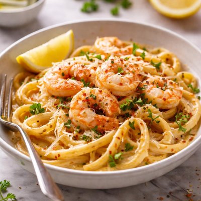 Image of Spicy Creamy Low Fat Shrimp Pasta