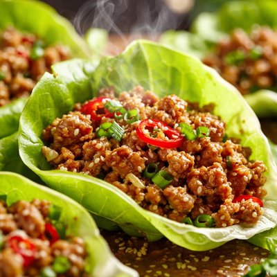 Image of Spicy Ginger Pork in Lettuce Leaves Wraps