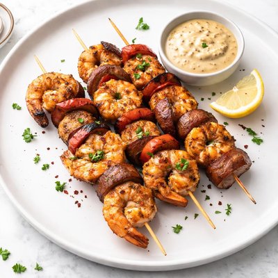 Image of Spicy Grilled Shrimp and Sausage Skewers W Creole Mustard Dippin