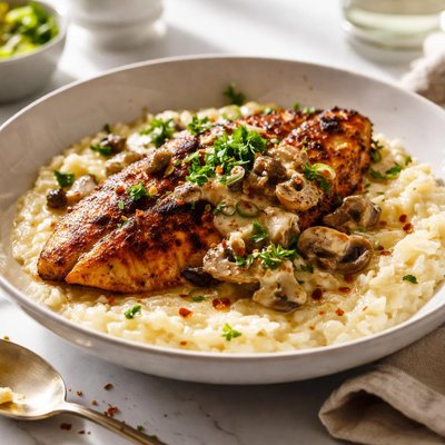 Image of Spicy Grilled Tilapia W Creamy Grits or Rice and Mushroom Sauce