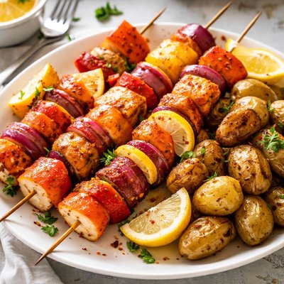 Image of Spicy Imitation Crab Shish Kabobs with Roasted Potatoes