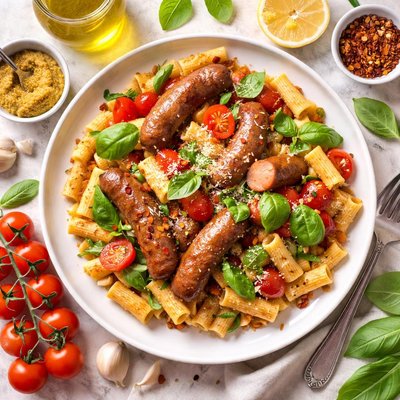 Image of Spicy Italian Sausages with Pasta Basil and Mustard