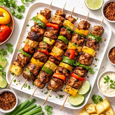 Image of Spicy Jerk Chicken Kebabs with Bell Peppers and Pineapple