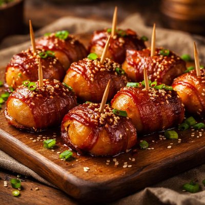 Image of Spicy Ketchup Glazed Bacon Wrapped Water Chestnuts