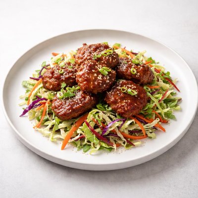 Image of Spicy Korean Style Pork Medallions on Asian Cole Slaw