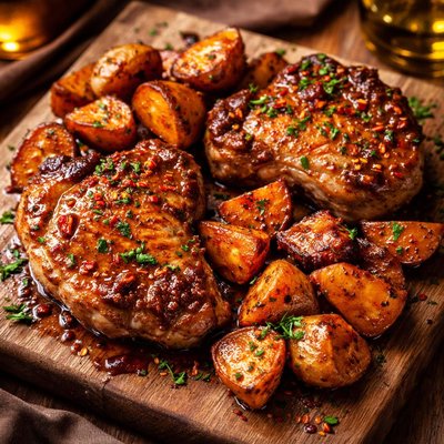 Image of Spicy Maple Roasted Pork Chops and Sweet Potatoes