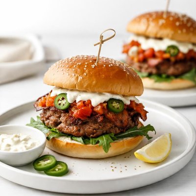 Image of Spicy Mary Burgers with Horseradish Mayo