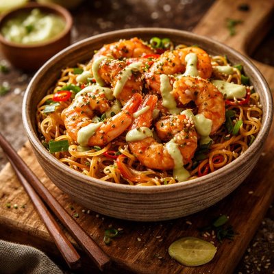 Image of Spicy Noodles with Ginger Garlic Shrimp and Wasabi Sauce