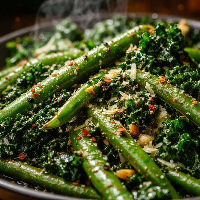 Image of Spicy Parmesan Green Beans and Kale