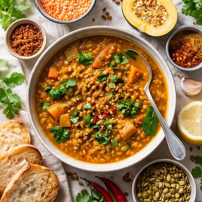 Image of Spicy Pumpkin Lentil Soup Vegetarian Too