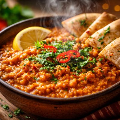 Image of Spicy Red Lentil Dal with Pita Wedges