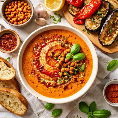 Image of Spicy Roasted Red Pepper and Eggplant Soup