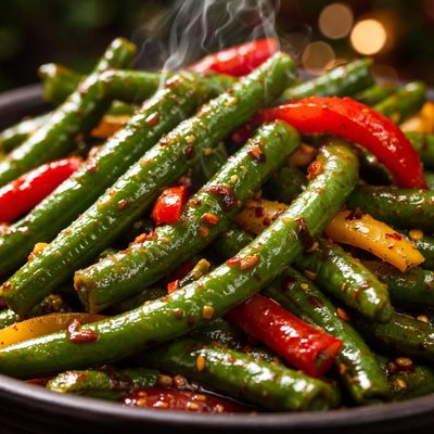 Image of Spicy Sauteed Green Beans with Red and Yellow Peppers