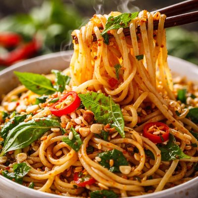 Image of Spicy Sesame Noodles with Chopped Peanuts Thai Basil