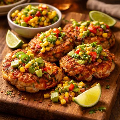 Image of Spicy Shrimp Cakes with Corn and Avocado Salsa