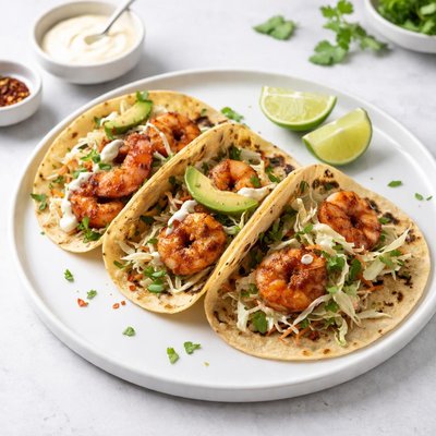 Image of Spicy Shrimp Tacos with Garlic Cilantro Lime Slaw